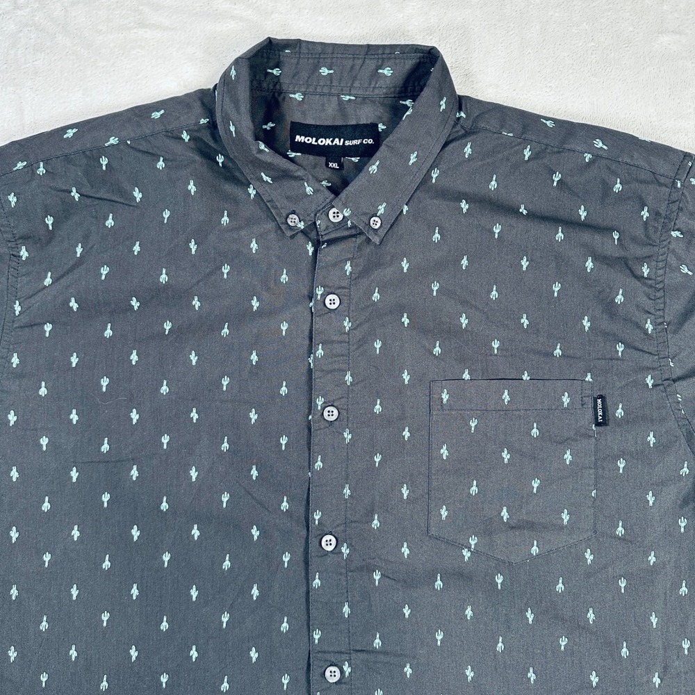 Molokai Surf Shirt Mens XXL Gray Teal Cactus Print Short Sleeve Button Down